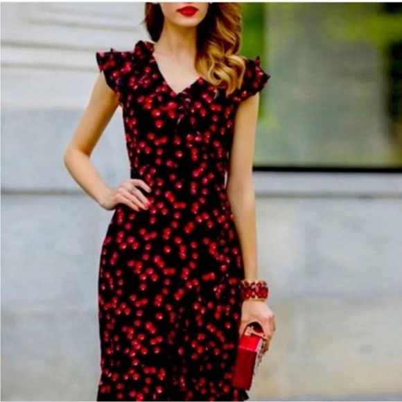J. Crew 100% Silk Black Cherry Print Ruffle Cap Sleeve V Neck Midi Dress V Neck - Picture 12 of 12
